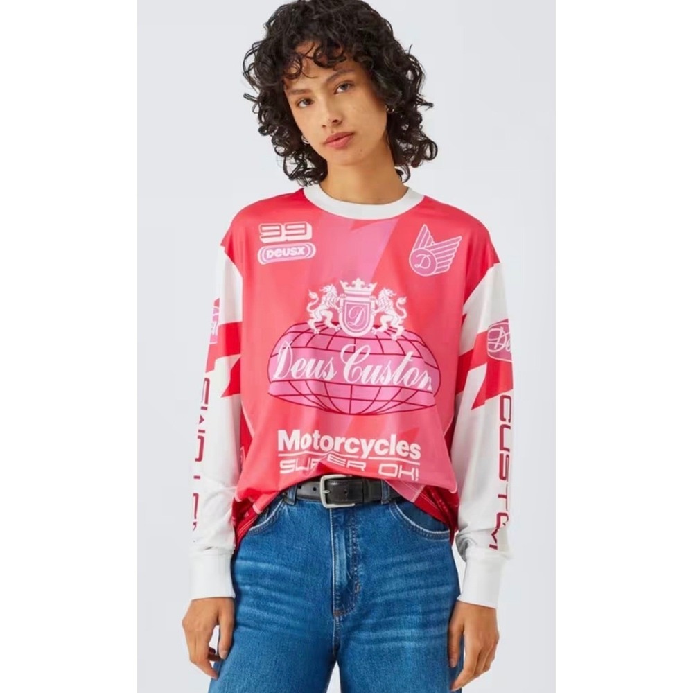 Deus Ex Machina Thunder Moto‎ Jersey Top Cherry Pink Mesh Long Sleeve women's S